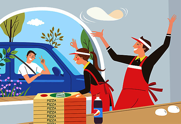 여자 남자 꽃 음료 일러스트 자동차 피자 사람 성인 세명 상자 구매 종업원 콜라 주문 밀가루반죽 주문접수 피자집 성인만 드라이브스루 국내일러스트 AI파일 식물 직업 육상교통 패스트푸드 서양음식 쇼핑 상점 반죽 탄산음료 접수 파일형식 벡터