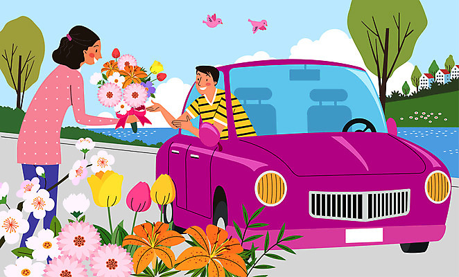 여자 남자 꽃 꽃다발 일러스트 자동차 조류 들기 사람 성인 두명 건물 강 운전 구매 꽃집 성인만 드라이브스루 국내일러스트 AI파일 식물 동물 건축물 육상교통 모션 쇼핑 상점 파일형식 벡터