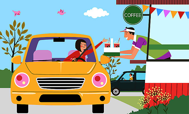 여자 남자 꽃 커피 음료 일러스트 자동차 조류 사람 성인 세명 카페 운전 구매 직원 주기 테이크아웃 손뻗기 성인만 드라이브스루 커피캐리어 국내일러스트 AI파일 식물 동물 육상교통 모션 쇼핑 상점 파일형식 벡터