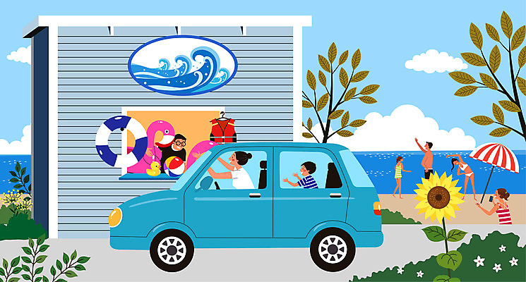 여자 남자 어린이 바다 일러스트 공 자동차 해바라기 사람 여러명 성인 해변 상점 운전 파라솔 구매 해수욕장 직원 주기 구명조끼 튜브 대여 드라이브스루 국내일러스트 AI파일 꽃 육상교통 다수 모션 쇼핑 구조용품 파일형식 벡터