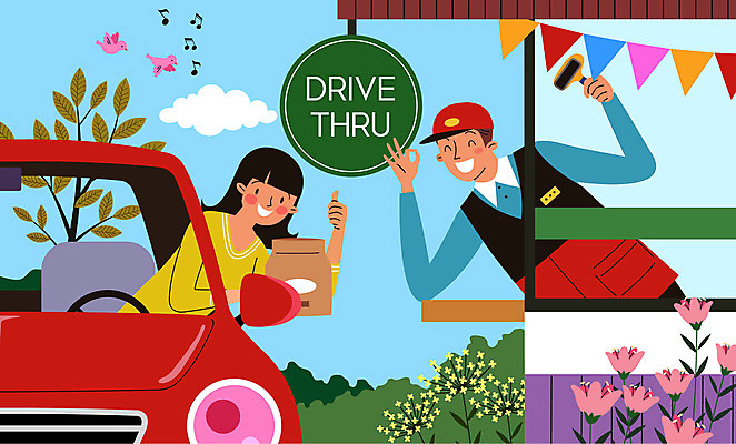 여자 남자 꽃 음표 일러스트 자동차 조류 간판 미소 들기 사람 손짓 성인 두명 종이봉투 상점 운전 인사 구매 고객 직원 성인만 드라이브스루 국내일러스트 AI파일 식물 동물 기호 음악 육상교통 모션 봉투 표정 쇼핑 예절 파일형식 벡터