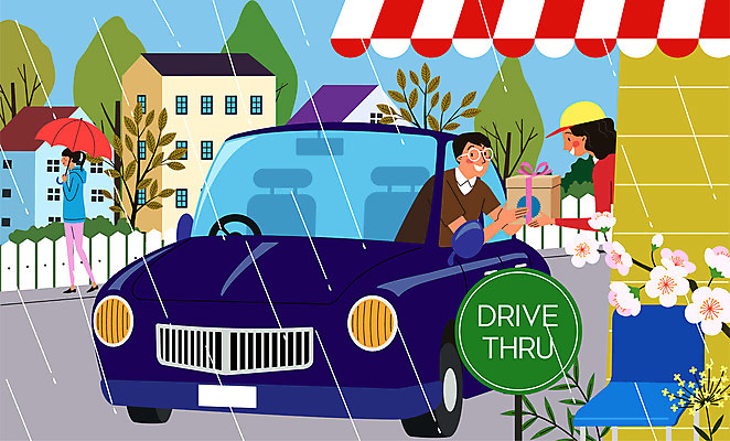 여자 남자 꽃 일러스트 우산 자동차 주택 간판 사람 성인 건물 세명 울타리 상자 상점 비 종업원 주기 빗줄기 성인만 드라이브스루 국내일러스트 AI파일 자연요소 식물 직업 건축물 육상교통 모션 날씨 담장 비_날씨 파일형식 벡터