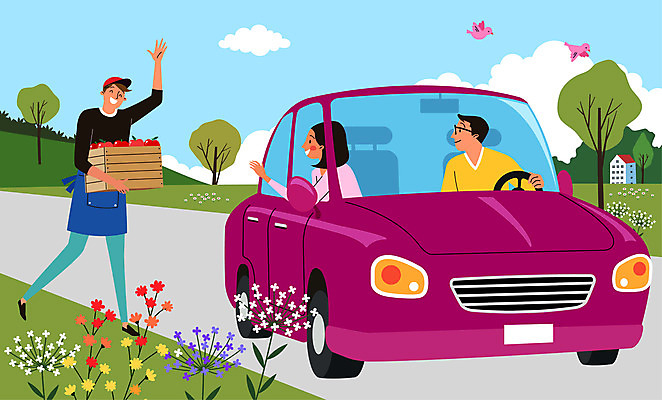 여자 남자 꽃 과일 일러스트 자동차 조류 들기 사람 성인 건물 세명 상자 운전 인사 성인만 드라이브스루 국내일러스트 AI파일 식물 동물 건축물 육상교통 모션 예절 파일형식 벡터