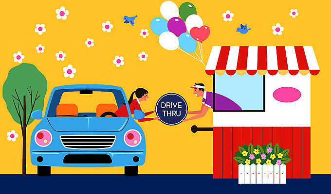 여자 남자 꽃 일러스트 자동차 들기 사람 성인 두명 건물 상점 운전 종업원 주기 화단 풍선 성인만 드라이브스루 국내일러스트 AI파일 식물 직업 건축물 육상교통 모션 파일형식 벡터