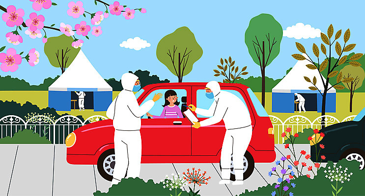 여자 남자 꽃 일러스트 자동차 마스크 들기 사람 여러명 성인 울타리 진료 운전 의료진 천막 검진표 성인만 드라이브스루 방호복 선별진료소 PCR검사 국내일러스트 AI파일 식물 직업 옷 육상교통 다수 의학 모션 담장 검사_조사 파일형식 벡터