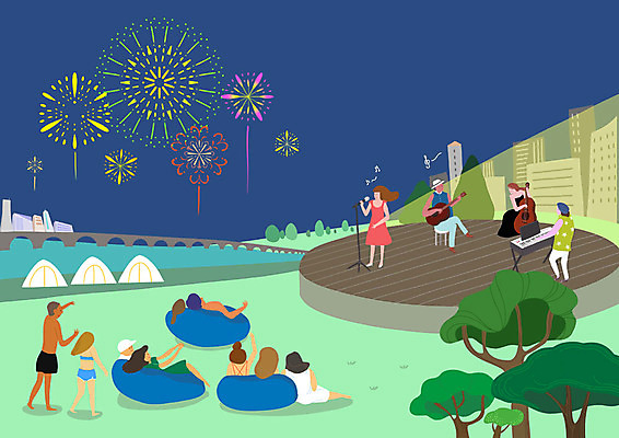 전신 PSD 커플 여자 남자 음악 일러스트 가족 휴가 휴식 불꽃놀이 여러명 성인 여름 파란색 여름휴가 바캉스 공연 감상 즐거움 한강 음악회 연주회 국내일러스트 계절 감정 컬러 다수 컨셉 관계 놀이 문화예술 서울 사람 이벤트 랜드마크 파일형식 여름_계절