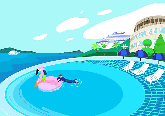 전신 PSD 커플 여자 남자 일러스트 물놀이 리조트 휴가 수영장 성인 두명 여름 파란색 여름휴가 바캉스 풀장 수영 파라솔 즐거움 선베드 튜브 성인만 플라밍고튜브 국내일러스트 계절 감정 컬러 의자 관계 놀이 사람 수상스포츠 파일형식 여름_계절
