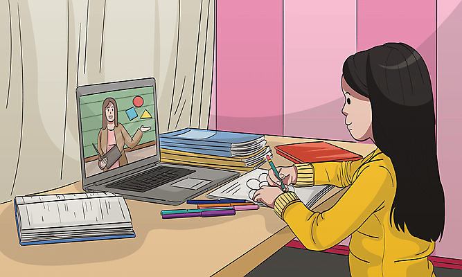 도형 여학생 여자 어린이 일러스트 모바일 사람 성인 두명 책 노트북 연필 볼펜 교사 공책 커튼 책상 베이지색 온라인강의 여자만 사회적거리두기 온택트 국내일러스트 AI파일 직업 학생 캠페인 컬러 가구 문구용품 학용품 전자제품 필기구 펜 강의 파일형식 벡터 언택트