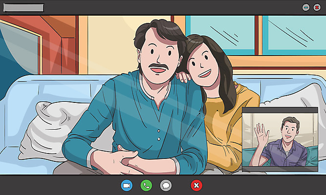 여자 남자 아들 하늘색 쿠션 일러스트 창문 가족 엄마 모바일 사람 성인 세명 소파 손들기 모니터 아빠 손인사 화상통화 성인만 사회적거리두기 온택트 국내일러스트 AI파일 캠페인 의자 관계 모션 파란색 컴퓨터 인사 통화 파일형식 벡터