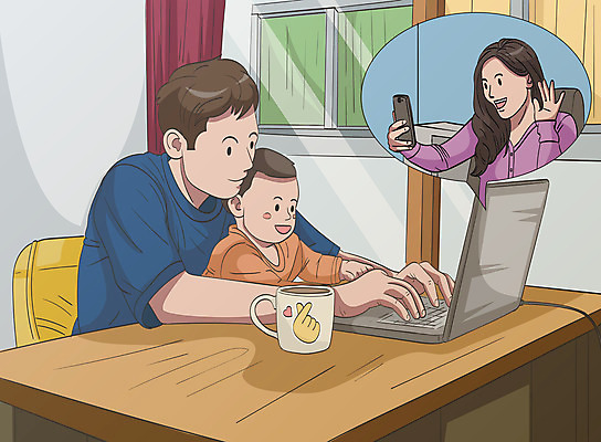 여자 남자 아들 어린이 의자 일러스트 창문 가족 엄마 모바일 들기 사람 성인 세명 노트북 스마트폰 머그컵 인사 커튼 아빠 책상 화상통화 사회적거리두기 온택트 국내일러스트 AI파일 캠페인 가구 관계 모션 컵 전자제품 핸드폰 스마트기기 예절 통화 파일형식 벡터