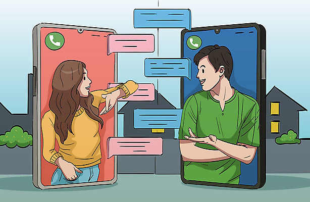 커플 여자 남자 말풍선 데이트 일러스트 모바일 사람 성인 두명 스마트폰 메시지 통화 온라인 메신저 채팅 성인만 온택트 랜선라이프 국내일러스트 AI파일 라이프스타일 관계 모션 핸드폰 스마트기기 파일형식 벡터 언택트