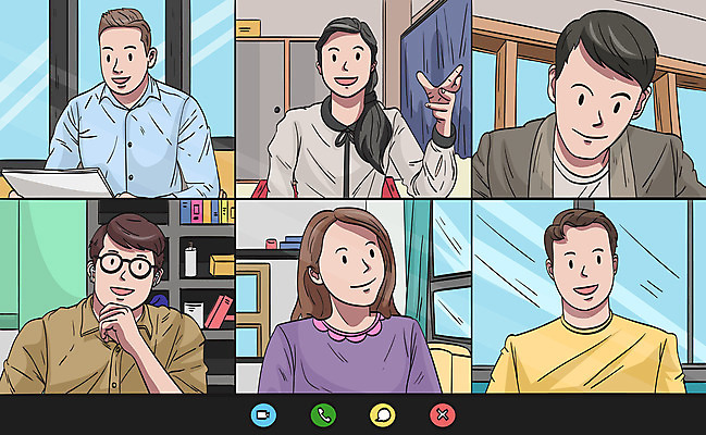 여자 남자 안경 일러스트 비즈니스 창문 모바일 사람 여러명 성인 모니터 비즈니스맨 비즈니스우먼 서랍장 문서 재택근무 화상통화 성인만 사회적거리두기 온택트 국내일러스트 AI파일 잡화 캠페인 가구 다수 컴퓨터 직장인 통화 파일형식 벡터