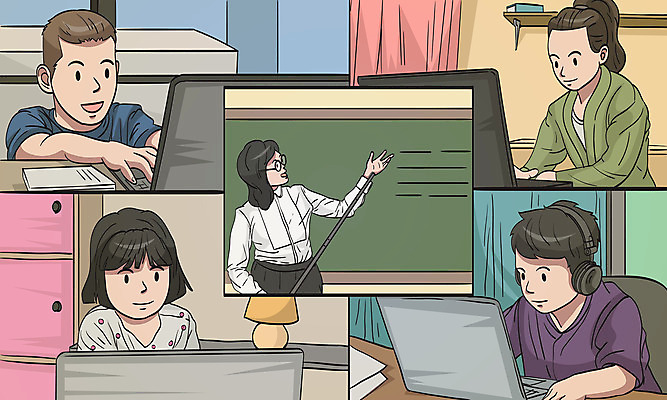 학생 여자 남자 안경 일러스트 모바일 사람 여러명 성인 10대 노트북 교사 헤드폰 헤드셋 공책 칠판 가리킴 커튼 온라인강의 사회적거리두기 온택트 국내일러스트 AI파일 직업 잡화 캠페인 음향기기 다수 청소년 문구용품 손짓 전자제품 강의 파일형식 벡터 언택트