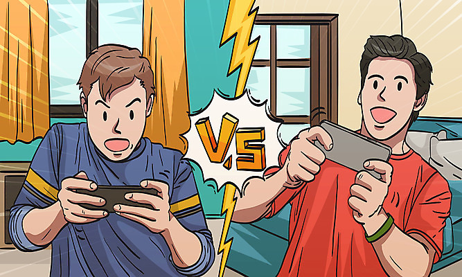 남자 일러스트 창문 모바일 들기 사람 성인 두명 스마트폰 경쟁 게임 커튼 즐거움 모바일게임 성인남자만 온택트 국내일러스트 AI파일 감정 컨셉 모션 놀이 핸드폰 스마트기기 남자만 성인만 파일형식 벡터