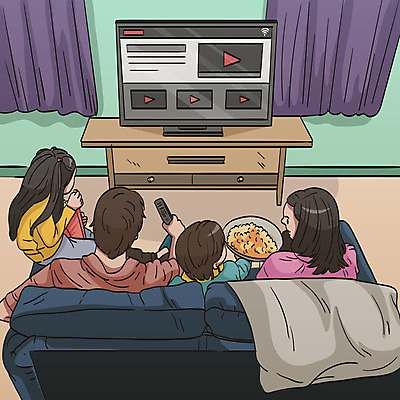 여자 남자 어린이 일러스트 가족 모바일 들기 사람 앉기 여러명 성인 소파 텔레비전 커튼 리모컨 영화 팝콘 티비시청 집콕 온택트 홈시네마 국내일러스트 AI파일 다수 의자 관계 모션 문화예술 전자제품 신조어 시청_보고들음 파일형식 벡터 앳홈라이프