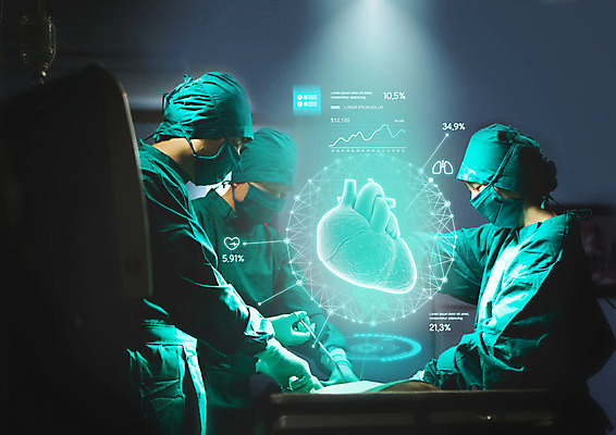 PSD 편집이미지 여자 남자 사람 성인 치료 세명 초록색 30대 한국인 의료진 의사 심장 수술 수술복 수술실 홀로그램 성인만 이미지편집 직업 컬러 의학 동양인 장년 가운 장기_의학 파일형식