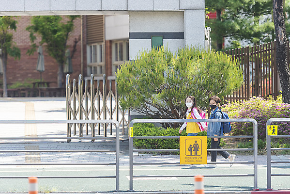 포토 JPG 주간 전신 여자 남자 초등학생 어린이 안전 야외 두명 옆모습 걷기 한국인 횡단보도 등하교 조심 스쿨존 어린이보호구역 어린이만 국내포토 자연요소 학생 뷰포인트 모션 사람 동양인 보행로 보호구역 파일형식