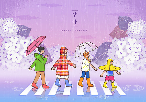 PSD 여자 남자 어린이 일러스트 우산 가족 하늘 엄마 장화 들기 사람 여러명 성인 여름 걷기 자녀 비 아빠 횡단보도 우비 장마 수국 국내일러스트 자연요소 옷 계절 꽃 다수 신발 관계 모션 날씨 비_날씨 보행로 파일형식