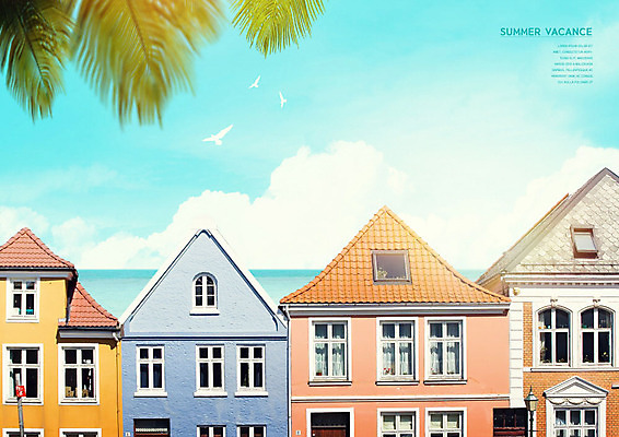 PSD 구름 편집이미지 건축물 하늘 풍경 사람없음 건물 여름 여름휴가 바캉스 컬러풀 야자수잎 이국적 이미지편집 자연요소 계절 건축 컬러 잎 휴가 파일형식 여름_계절