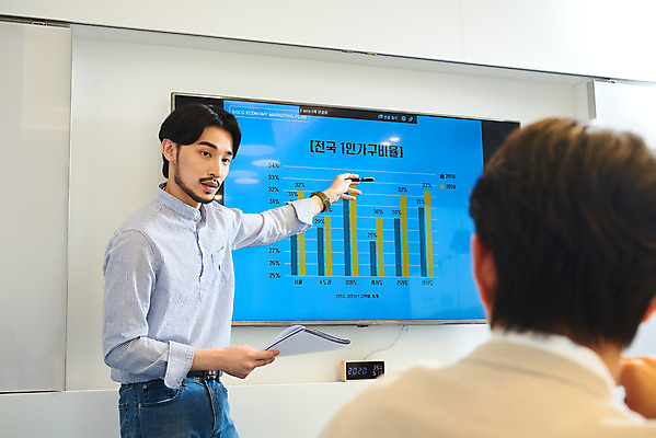 포토 JPG 남자 회사 비즈니스 회의 그래프 협력 직장 실내 서기 앉기 상반신 20대 성인 두명 옆모습 뒷모습 30대 비즈니스라이프 사무실 모니터 한국인 가리킴 업무 비즈니스맨 회의실 창업 성인남자만 국내포토 라이프스타일 뷰포인트 모션 사람 동양인 손짓 청년 내부 장년 컴퓨터 작업 직장인 자영업 남자만 성인만 파일형식