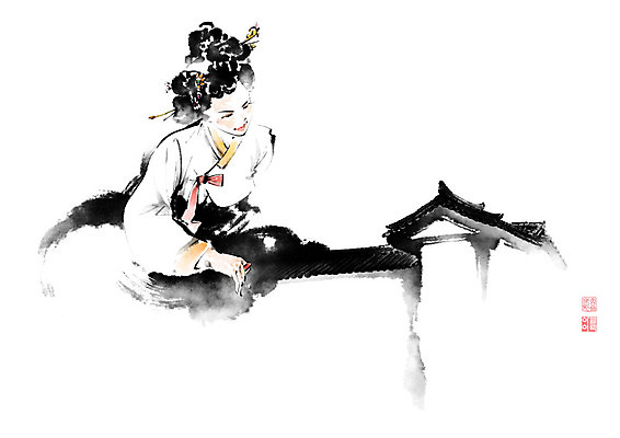 PSD 여자 일러스트 장신구 캘리그라피 붓터치 한옥 한명 사람 성인 한복 저고리 번짐 비녀 가채 성인여자한명만 국내일러스트 1 한국전통 고건축 전통소품 전통의상 여자한명만 성인여자만 파일형식 효과 헤어액세사리