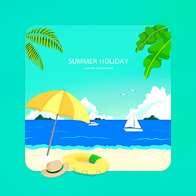 PSD 모자 바다 잎 요트 일러스트 해변 사람없음 초록색 파라솔 튜브 여름배경 국내일러스트 식물 잡화 컬러 백그라운드 배_교통 파일형식