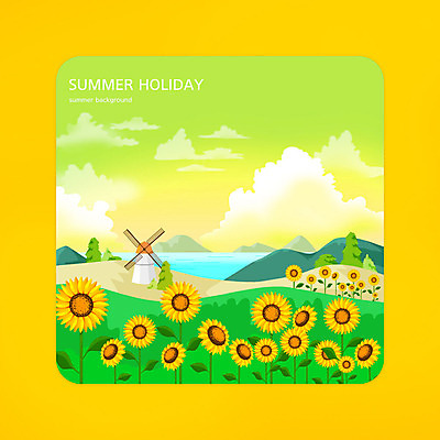 PSD 호수 꽃밭 일러스트 해바라기 사람없음 노란색 풍차 여름배경 국내일러스트 꽃 컬러 백그라운드 파일형식