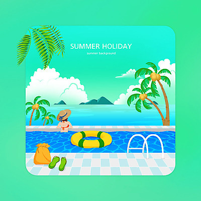 PSD 여자 바다 일러스트 휴가 수영장 한명 상반신 초록색 야자수 쪼리 튜브 여자한명만 여름배경 국내일러스트 나무 1 컬러 백그라운드 사람 샌들 여자만 파일형식