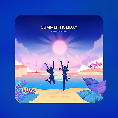 전신 PSD 여자 바다 섬 잎 일러스트 두명 파란색 태양 노을 점프 선박 여자만 여름배경 국내일러스트 자연요소 식물 컬러 백그라운드 수상교통 모션 사람 파일형식