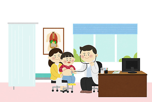 PSD 여자 남자 아들 어린이 일러스트 창문 청진기 엄마 병원 사람 앉기 소년 성인 세명 컴퓨터 진료 의사 책상 소아과 내과 병원침대 소아과의사 진찰가방 어린이병원 국내일러스트 가구 의학 가족 의료기기 모션 전자제품 의료진 침대 파일형식