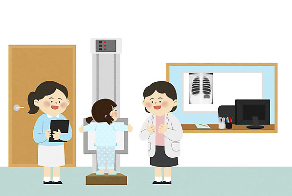 전신 PSD 여자 어린이 일러스트 엑스레이 병원 들기 사람 소녀 성인 세명 컴퓨터 진료 간호사 의사 소아과 진료기록부 흉부외과 여자만 어린이병원 국내일러스트 의학 모션 전자제품 의료진 파일형식