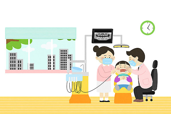 PSD 여자 남자 어린이 시계 일러스트 창문 치과 병원 사람 소년 성인 세명 간호사 의사 무서움 치과의사 치과용품 소아과 치과진료 어린이병원 국내일러스트 감정 의학 진료 의료진 의료용품 파일형식