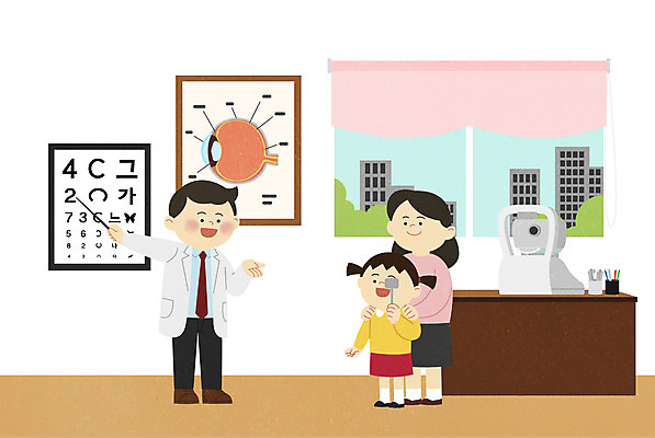 PSD 여자 남자 딸 어린이 일러스트 창문 엄마 병원 서기 들기 사람 소녀 성인 세명 의사 눈가림 가리킴 책상 소아과 안과 시력검사 시력검사표 안과의사 어린이병원 국내일러스트 가구 의학 가족 모션 손짓 의료진 가림 검사_조사 파일형식