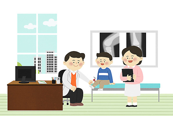 PSD 여자 남자 어린이 일러스트 창문 엑스레이 병원 서기 사람 앉기 소년 성인 세명 진료 간호사 의사 책상 관절 소아과 병원침대 의료용망치 정형외과 어린이병원 국내일러스트 가구 의학 모션 뼈 의료진 침대 의료용품 파일형식