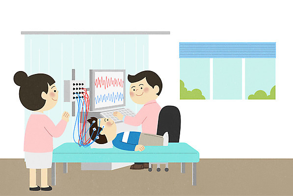 PSD 여자 남자 어린이 일러스트 창문 병원 서기 사람 앉기 소년 성인 세명 눕기 모니터 의사 침대 커튼 간호 검사_조사 소아과 뇌파 병원침대 어린이병원 국내일러스트 가구 의학 모션 컴퓨터 의료진 파일형식