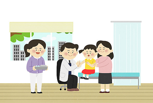 PSD 여자 남자 딸 어린이 일러스트 창문 엄마 병원 주사기 들기 사람 앉기 소녀 여러명 성인 간호사 의사 침대 소아과 백신 예방접종 예방주사 어린이병원 부스터샷 국내일러스트 가구 다수 의학 가족 의료기기 모션 의료진 예방 접종 파일형식