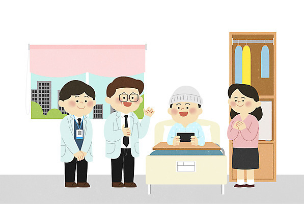 PSD 여자 남자 아들 어린이 일러스트 창문 엄마 병원 대화 서기 사람 소년 여러명 성인 눕기 진료 의사 침대 소아과 병실 병원침대 소아병동 소아암 어린이병원 국내일러스트 가구 다수 의학 가족 모션 말하기 의료진 암 파일형식