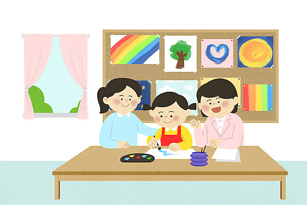 PSD 여자 어린이 일러스트 창문 병원 미술 사람 소녀 성인 세명 물감 의사 그리기 물통 책상 상담 그림 소아과 여자만 미술치료 어린이병원 국내일러스트 가구 의학 모션 문화예술 치료 미술도구 의료진 파일형식