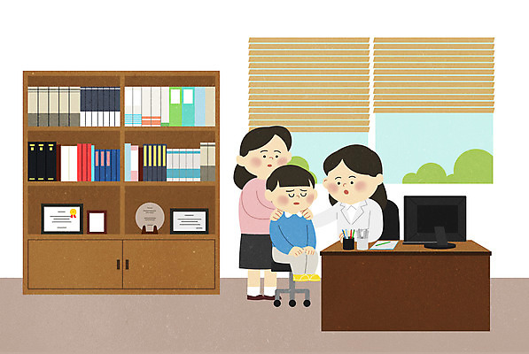 PSD 여자 남자 아들 어린이 일러스트 창문 엄마 책장 병원 사람 앉기 소년 성인 세명 진료 의사 책상 상담 소아과 아동심리학 우울증 정신과 심리상담 어린이병원 국내일러스트 교육 가구 의학 가족 모션 의료진 질병 파일형식