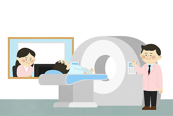 PSD 여자 남자 어린이 일러스트 병원 서기 사람 소년 성인 세명 눕기 의사 소아과 CT촬영 어린이병원 국내일러스트 의학 의료기기 모션 의료진 파일형식