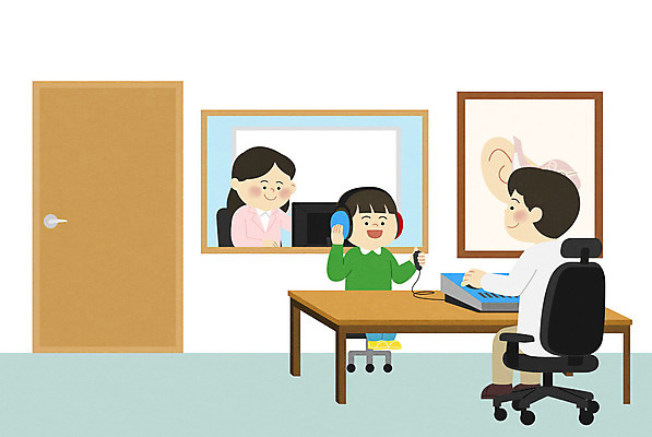 PSD 여자 남자 어린이 일러스트 병원 들기 사람 앉기 소년 성인 세명 컴퓨터 문 헤드폰 의사 책상 검사_조사 소아과 이비인후과 청력검사 어린이병원 국내일러스트 음향기기 가구 의학 모션 전자제품 의료진 파일형식