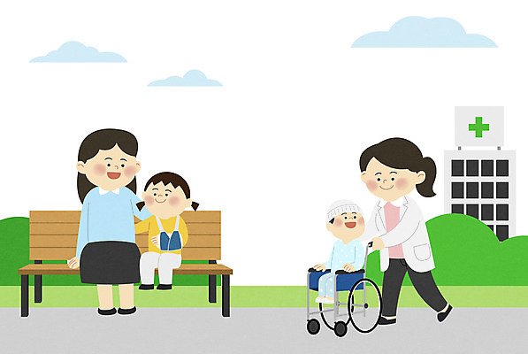 PSD 여자 남자 딸 어린이 벤치 일러스트 엄마 병원 사람 앉기 소녀 소년 여러명 성인 산책 의사 휠체어 외출 소아과 깁스 어린이병원 국내일러스트 다수 의자 의학 가족 모션 휴식 의료진 의료용품 파일형식