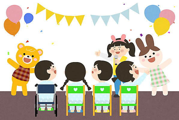 PSD 여자 남자 어린이 의자 일러스트 병원 사람 소녀 소년 여러명 성인 봉사 풍선 소아과 연극 소아병동 인형옷 인형탈 어린이병원 국내일러스트 옷 가구 다수 의학 문화예술 도움 탈 파일형식