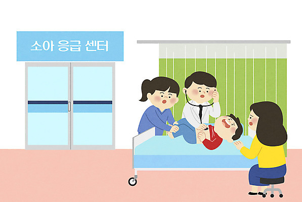 PSD 여자 남자 아들 어린이 일러스트 청진기 엄마 병원 사람 소년 성인 세명 진료 고통 간호사 의사 침대 커튼 걱정 소아과 응급실 소아응급센터 어린이병원 국내일러스트 감정 가구 의학 가족 의료기기 의료진 파일형식