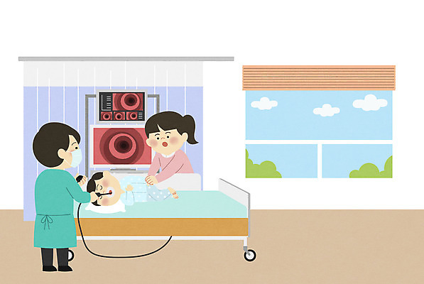 PSD 여자 남자 어린이 일러스트 병원 사람 소년 성인 세명 간호사 의사 침대 커튼 소아과 내과 위내시경 어린이병원 국내일러스트 가구 의학 의료진 내시경 파일형식