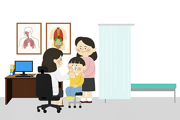 PSD 여자 남자 아들 어린이 일러스트 엄마 병원 사람 앉기 소년 성인 세명 의사 침대 커튼 책상 소아과 내과 천식 천식흡입기 어린이병원 국내일러스트 가구 의학 가족 모션 의료진 의학용품 질병 파일형식