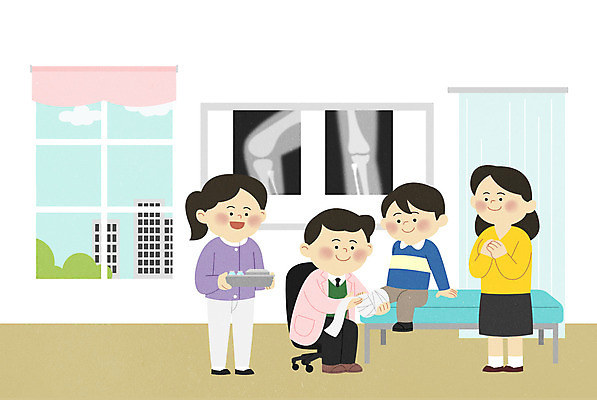 PSD 여자 남자 아들 어린이 일러스트 창문 엄마 엑스레이 병원 들기 사람 앉기 소년 여러명 성인 간호사 의사 침대 커튼 붕대 소아과 깁스 정형외과 풀기 어린이병원 국내일러스트 가구 다수 의학 가족 모션 의료진 의료용품 파일형식