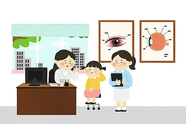 PSD 여자 어린이 일러스트 창문 병원 들기 사람 소녀 성인 세명 진료 간호사 의사 책상 소아과 안과 눈병 안과의사 진료판 여자만 어린이병원 국내일러스트 가구 의학 모션 의료진 파일형식