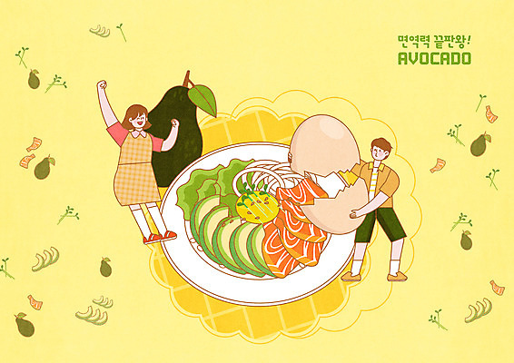 PSD 접시 여자 남자 일러스트 양파 들기 사람 두명 초록색 노란색 만세 상추 계란껍데기 비빔밥 연어 노른자 아보카도 면역력 테이블매트 국내일러스트 식기 한식 컬러 채소 과일 모션 어류 계란 식탁보 파일형식
