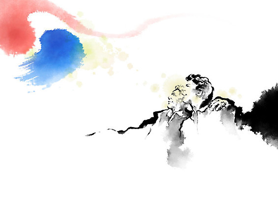 PSD 응시 할아버지 노년 남자 일러스트 캘리그라피 어깨동무 붓터치 한국 성인 두명 빨간색 파란색 태극기 태극 번짐 부자지간 남자만 국내일러스트 문양 시선 아시아 아들 컬러 포즈 가족 사람 아빠 국기 파일형식 효과